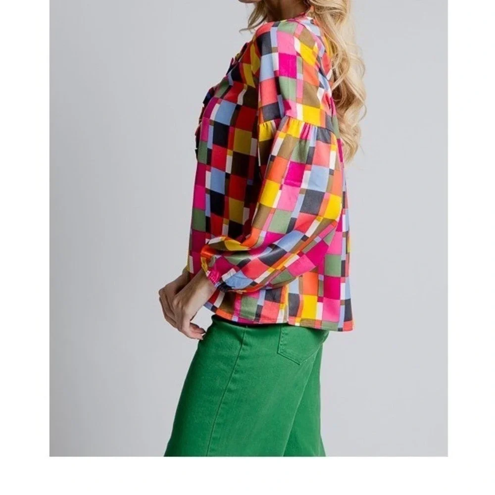 Michelle McDowell Ruffle Neck Blouse Women S‎ Multicolor NEW Patchwork Geometric